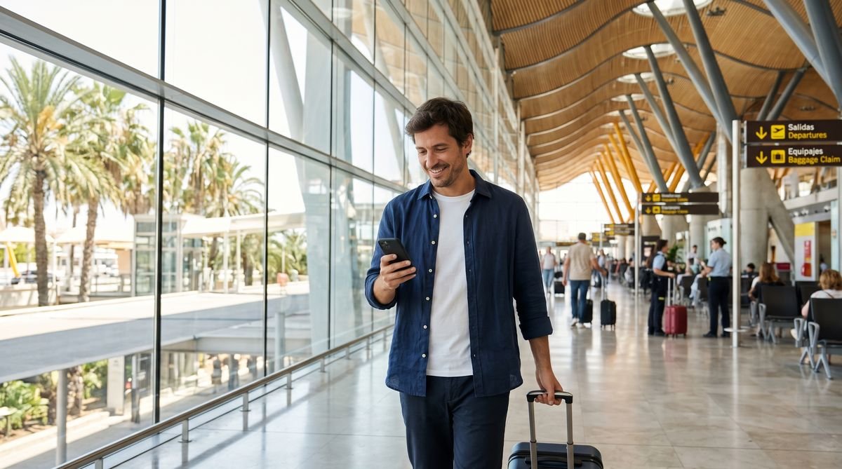 Traveller arriving at a Spanish airport and using mobile data on his phone