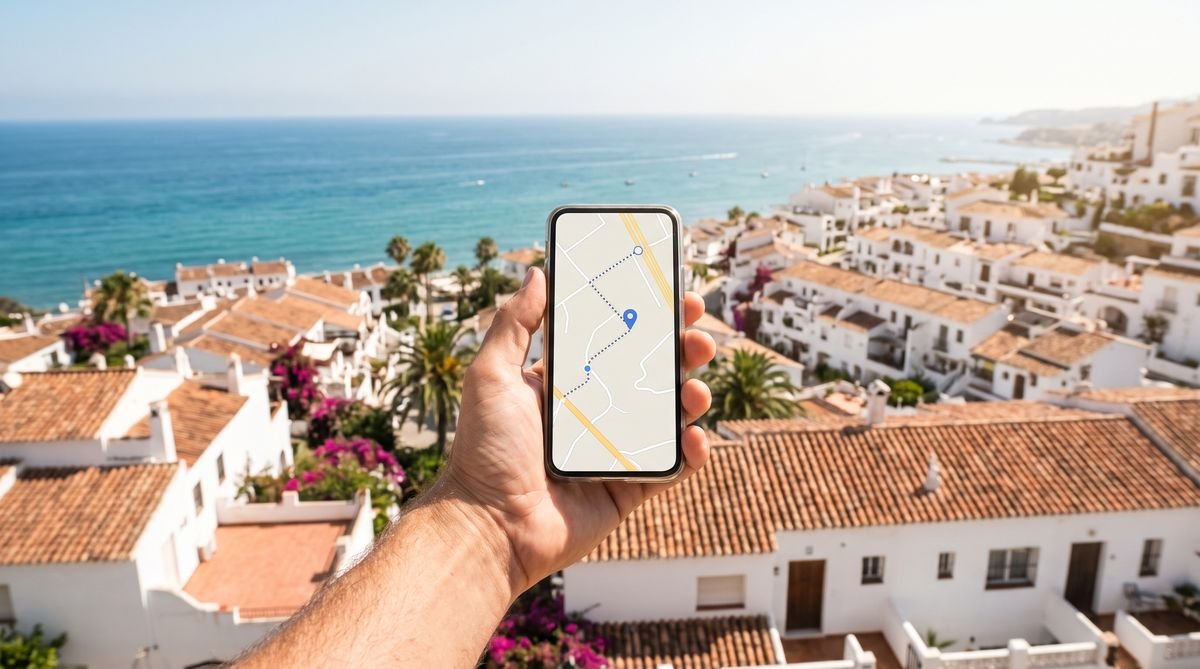 Phone showing a map above a white town on the Spanish coast