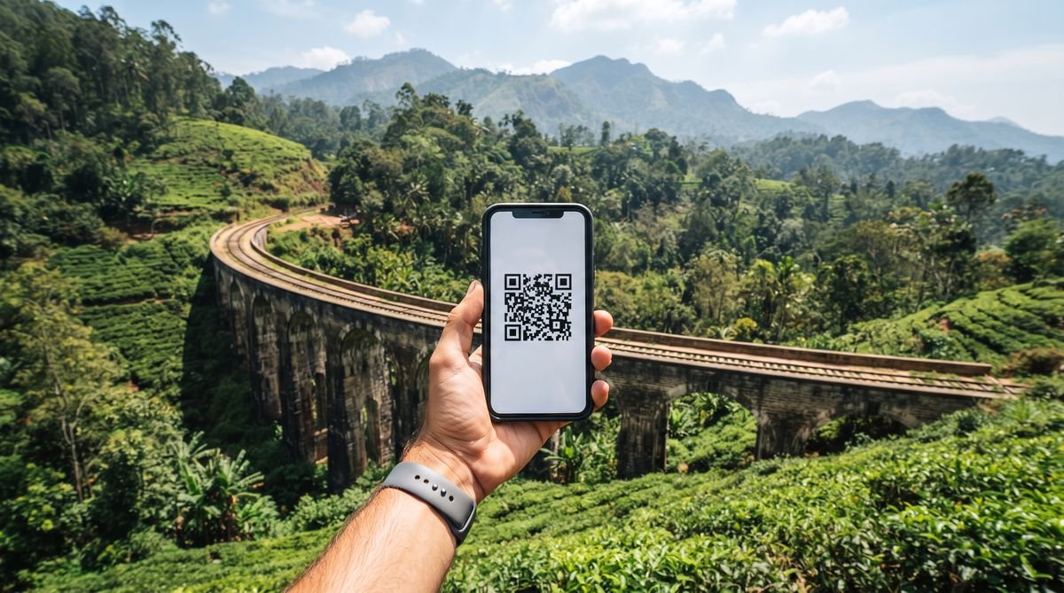 Hand holding a phone with a travel eSIM QR code in front of the Nine Arch Bridge in Sri Lanka
