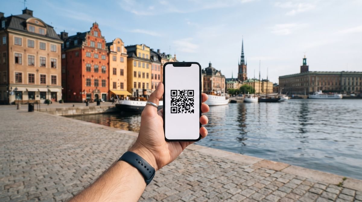 Hand holding a phone with a travel eSIM QR code in front of Gamla Stan in Stockholm