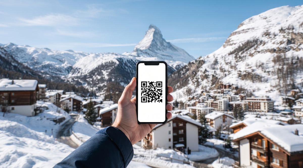 Hand holding a phone with a travel eSIM QR code in front of the Matterhorn in Zermatt, Switzerland