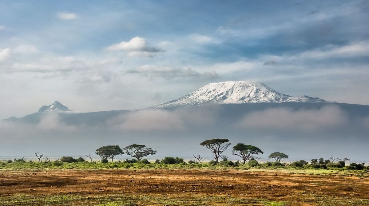 Snow-capped Mount Kilimanjaro above the plains, Tanzania