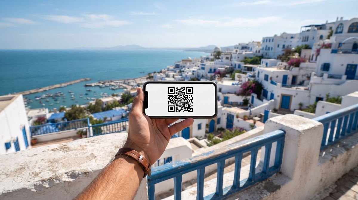 Hand holding a phone with a travel eSIM QR code in front of the blue and white streets of Sidi Bou Said in Tunisia