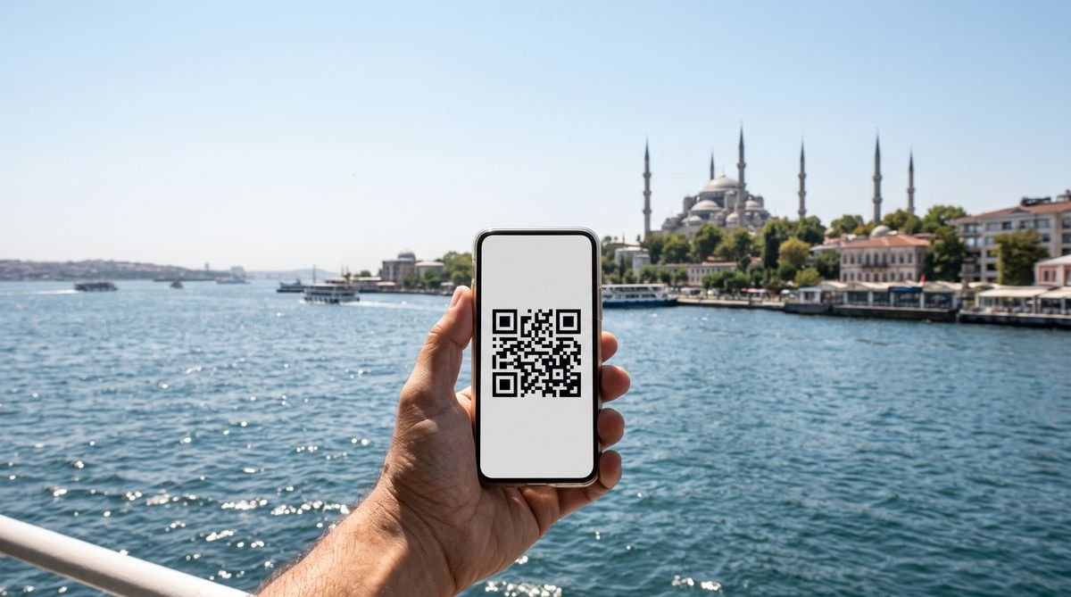 Hand holding a phone with a travel eSIM QR code with the Blue Mosque in Istanbul behind
