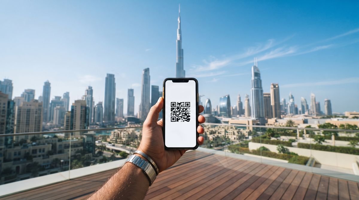 Hand holding a phone with a travel eSIM QR code in front of the Burj Khalifa in Dubai