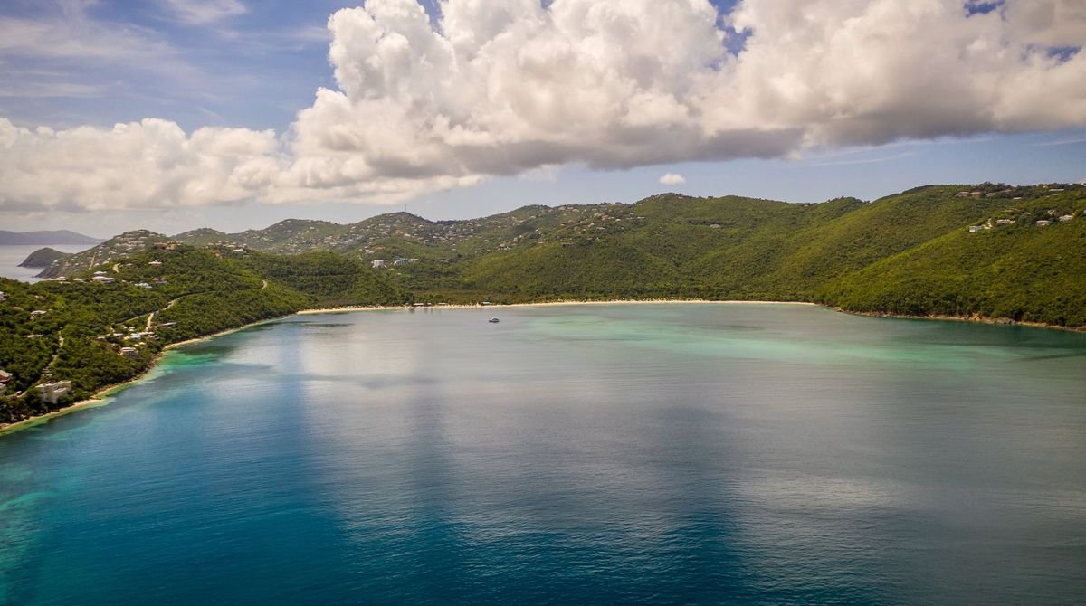 Magens Bay below green hills on St Thomas, US Virgin Islands