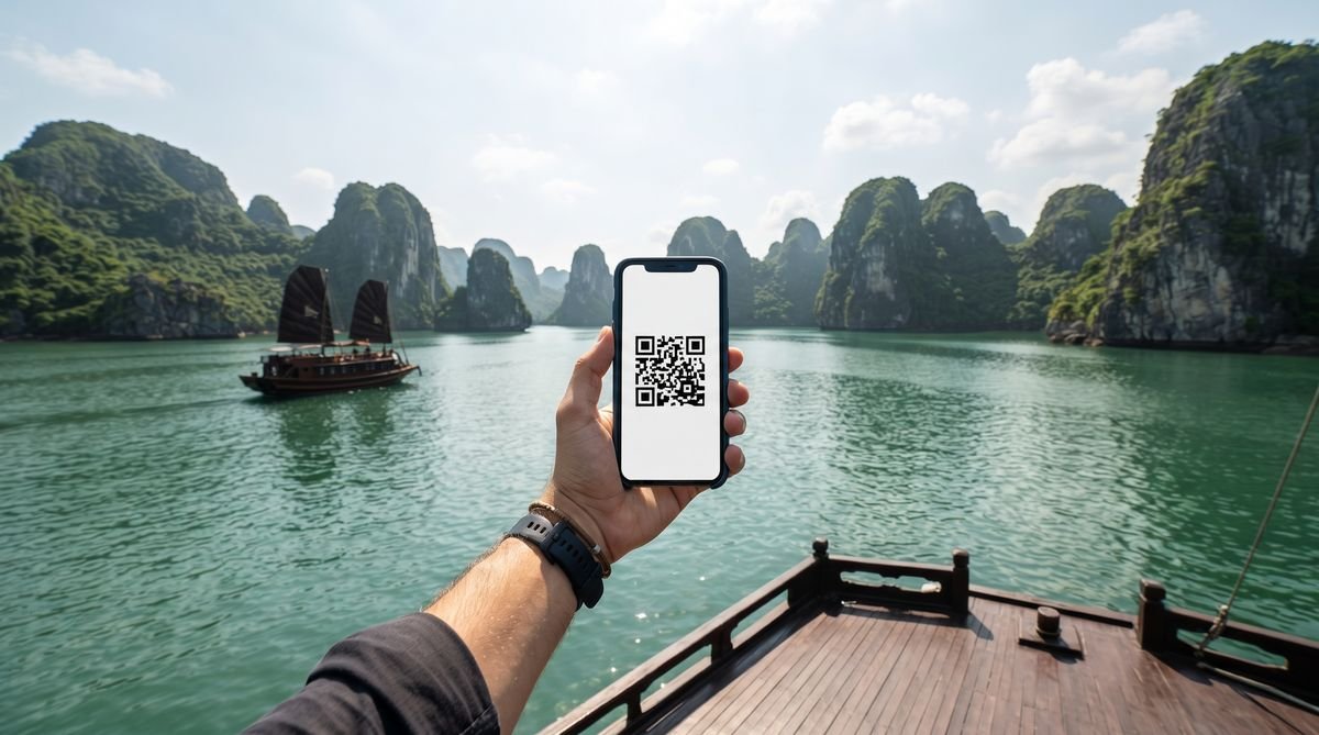 Hand holding a phone with a travel eSIM QR code in front of the limestone islands of Ha Long Bay in Vietnam
