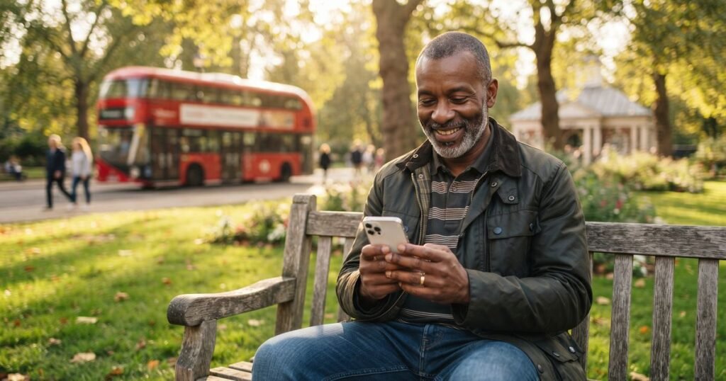 Man on a London park bench sending mobile credit to family abroad