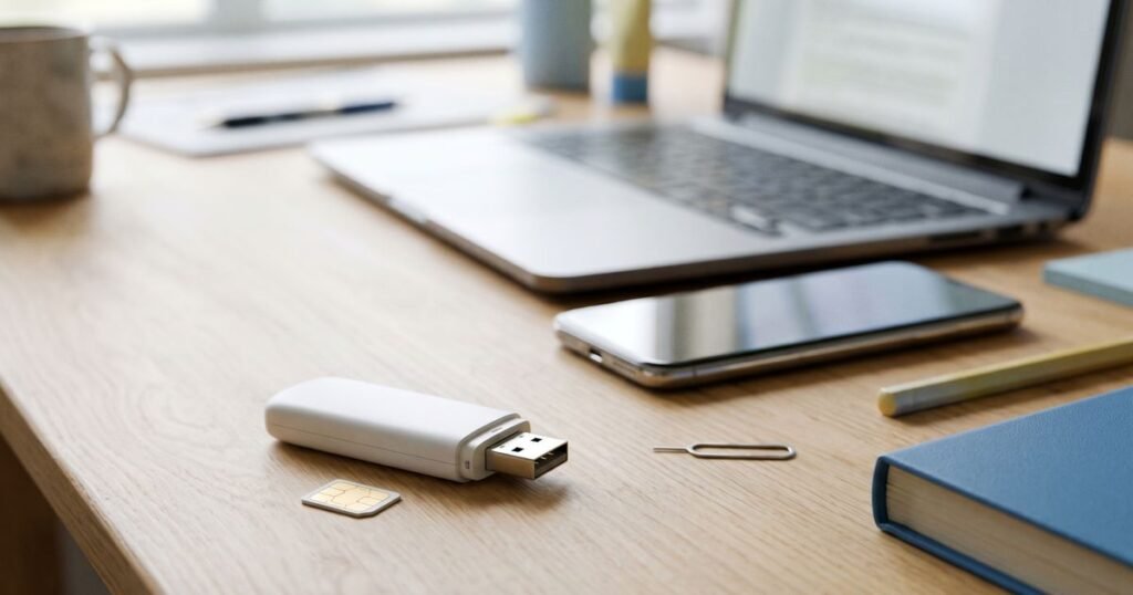 USB mobile broadband modem and SIM card next to a laptop