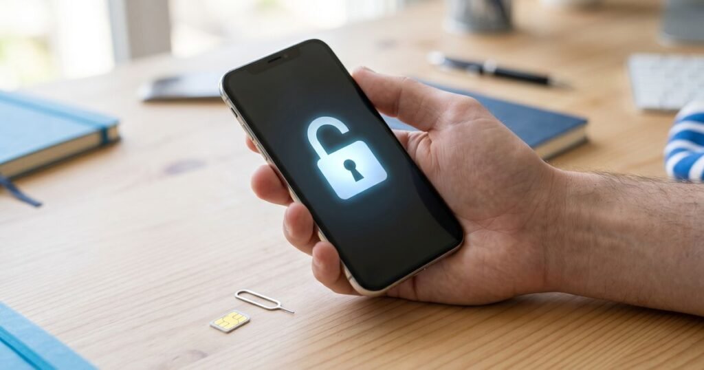 Phone showing an open padlock after a network unlock, with a SIM card on the desk