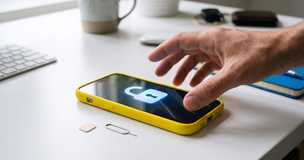 Phone in a yellow case showing an open padlock beside a SIM card
