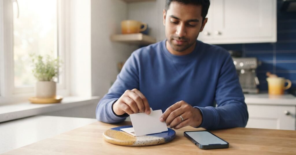 Man opening a pay as you go SIM card pack next to his phone