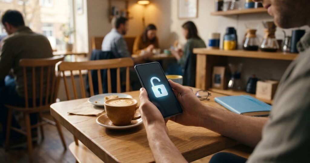Man in a cafe holding an unlocked Android phone